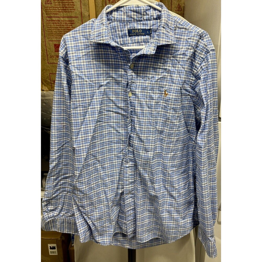 Polo Ralph Lauren Mens Large Blue White Plaid Long Sleeve Button Down Shirt